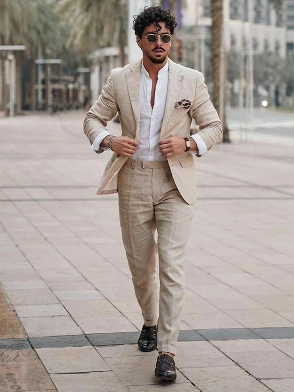 Men Formal Wear Jacket - ชุดสูทผ้าลินินสำหรับธุรกิจชายหาดฤดูร้อน ตัดเย็บตามสั่ง 2 ชิ้น เสื้อแจ็คเก็ตพร้อมกางเกง ชุดทักซิโด้ลำลองสำหรับงานปาร์ตี้