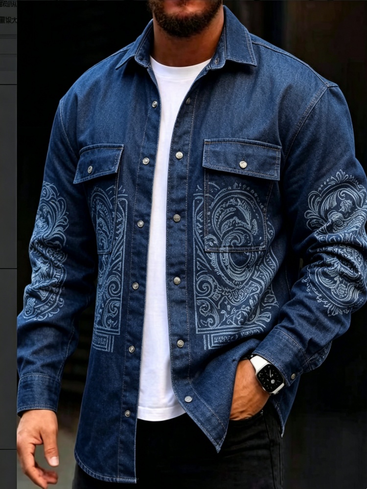 Men'S Ethnic & Formal Designer Wear Studio S - เสื้อเชิ้ตยีนส์ลายพิมพ์เพสลีย์สไตล์เรโทรสำหรับผู้ชาย ตกแต่งลายชนเผ่า แขนยาว มีกระเป๋าคาร์โก้ สวมใส่สบายๆ