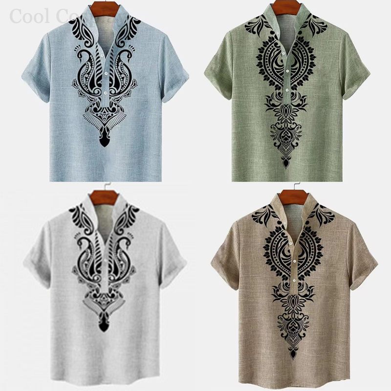 Men'S Ethnic & Formal Designer Wear Studio S - เสื้อเชิ้ตเฮนลีย์สไตล์เรโทรสำหรับผู้ชาย ลายพิมพ์ 3 มิติ สไตล์ชาติพันธุ์ แฟชั่น