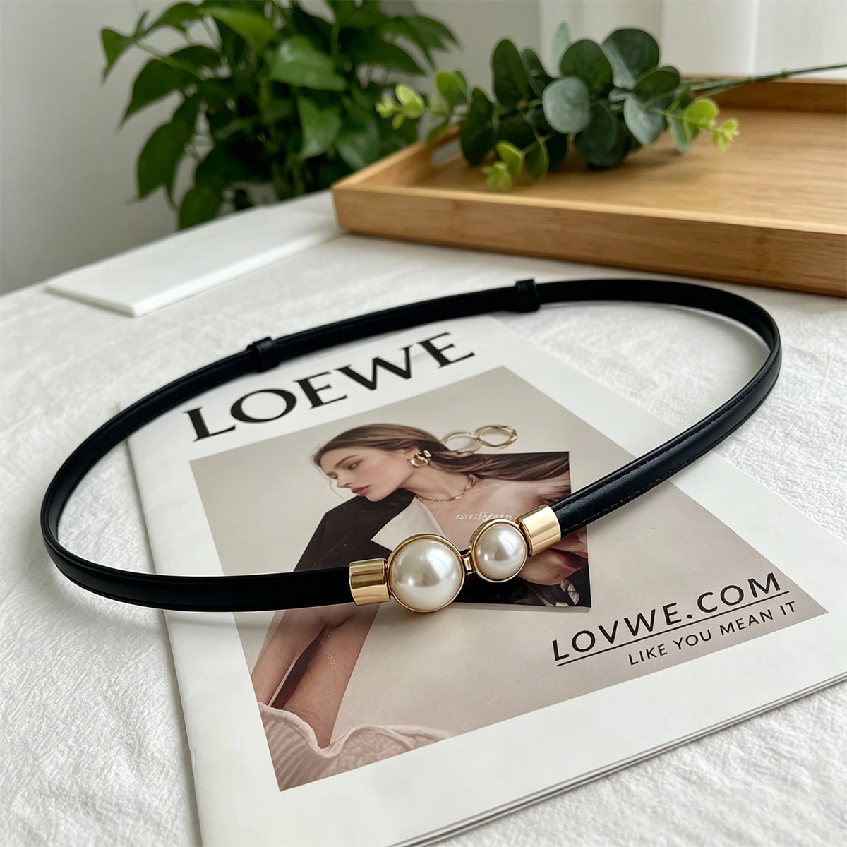 Formal Belt Leather Thin - เข็มขัดเอวหนัง PU บางสำหรับผู้หญิง ประดับมุกเทียม สายรัดหลังปรับได้ เข็มขัดรัดเอวเพรียวบางสำหรับชุดเดรส
