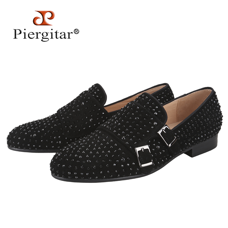 Men'S Formal Party Wear Shoes - Piergitar ใหม่หนังนิ่มสีดําผู้ชายคู่ Monk รองเท้า Handmade Rhinestones