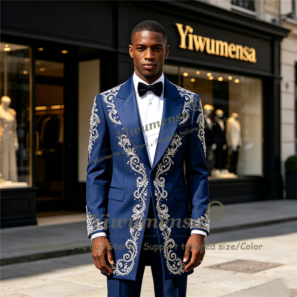 Men Formal Wear Jacket - ชุดสูทผู้ชายประดับคริสตัลทำมือ ตัดเย็บตามสั่ง แบบกระดุมแถวเดียว สำหรับงานพรอม ชุดทางการยาว ชุดทักซิโด้เจ้าบ่าวงานแต่งงาน