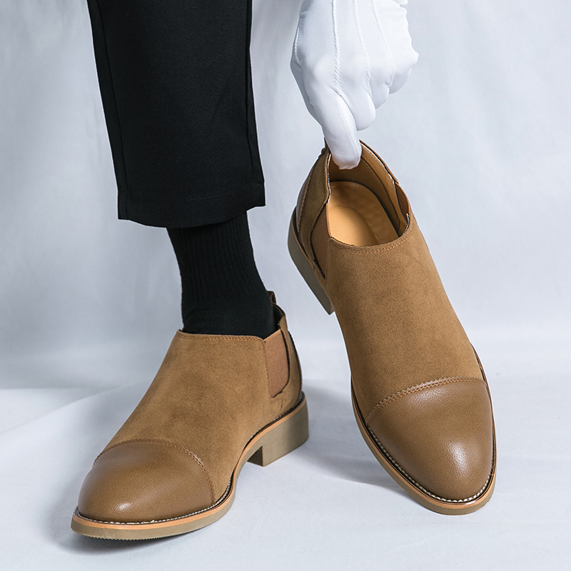 Men'S Formal Party Wear Shoes - รองเท้าหนังผู้ชายสไตล์เรโทรสีดำ-น้ำตาล ดีไซน์ปะติดหนังฟอก รองเท้าสวมแบบลำลองสำหรับธุรกิจและสำนักงาน ขนาด 38-46 รองเท้าผู้ชาย