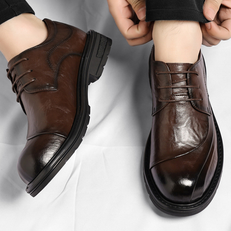 Men'S Formal Party Wear Shoes - รองเท้าหนังแท้สีน้ำตาลขัดเงา แบบผูกเชือก พื้นหนา สำหรับงานทางการ ธุรกิจ สำนักงาน