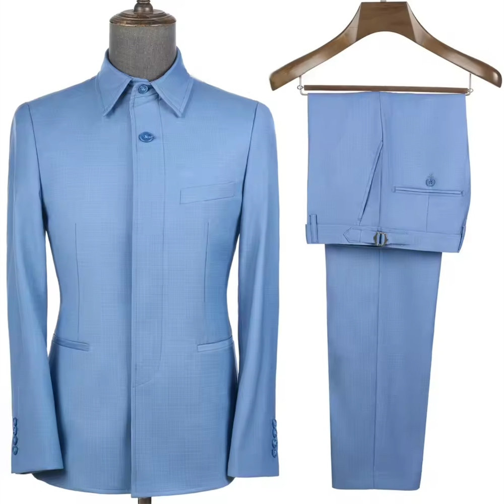 Men Formal Wear Jacket - ชุดซาฟารีสั่งตัดสำหรับผู้ชาย 2 ชิ้น เสื้อแจ็คเก็ตคอเหลี่ยมลำลองพร้อมกางเกง ชุดทางการสำหรับธุรกิจและการสวมใส่ในชีวิตประจำวัน
