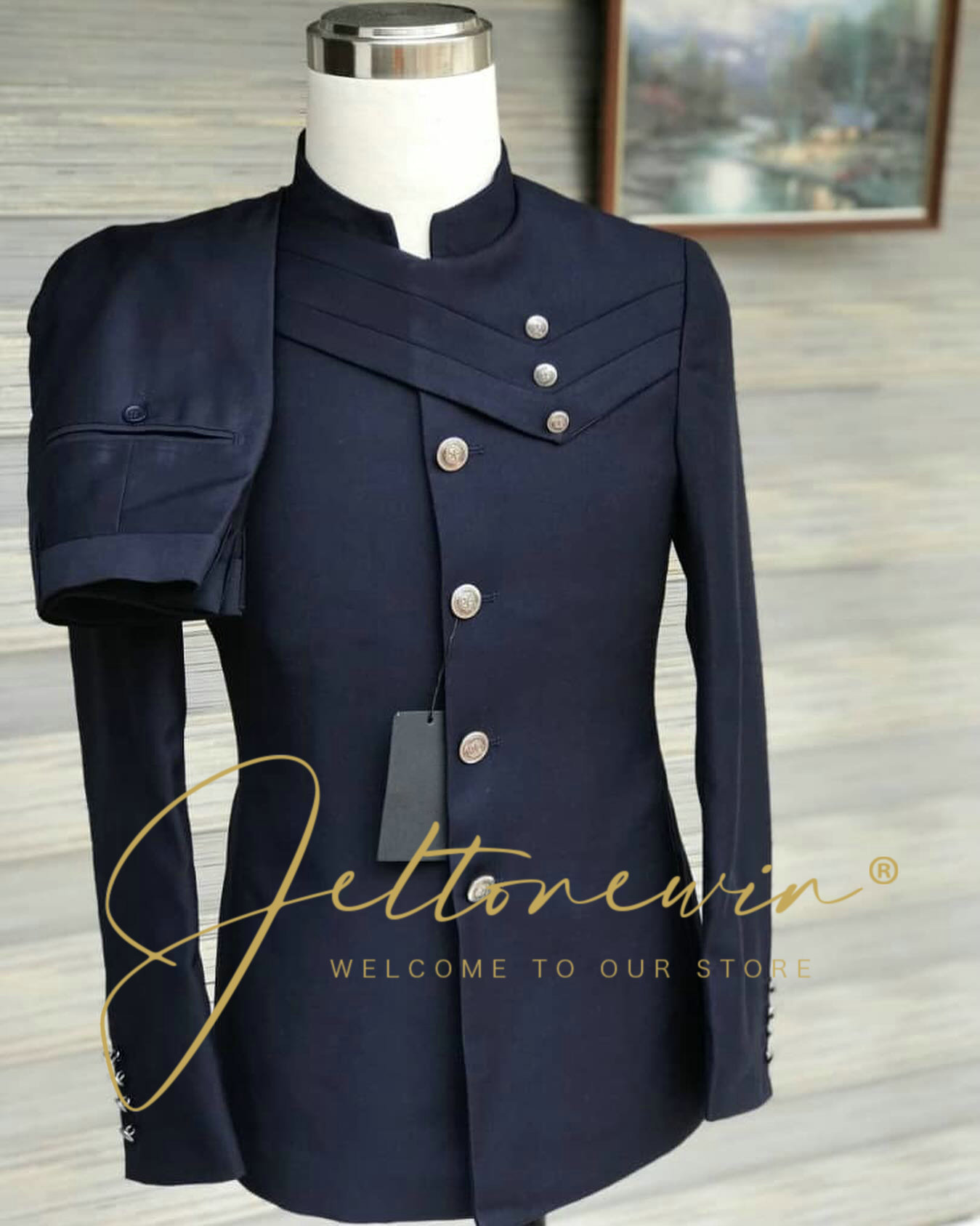 Men'S Style Formal Wear - ชุดสูทสีน้ำเงินกรมท่าสำหรับผู้ชาย สไตล์ทหาร ปกตั้ง ดีไซน์กระดุมไขว้ ทรงเข้ารูป สำหรับงานแต่งงาน