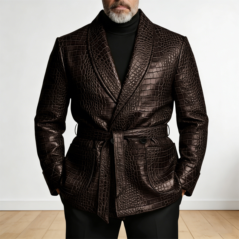 Formal Men Party Wear Jacket - ﻿ เสื้อเบลเซอร์หนังลายจระเข้สำหรับผู้ชาย แบบกระดุมสองแถว มีเข็มขัด ปกแบบชาล คอร์ดูร์