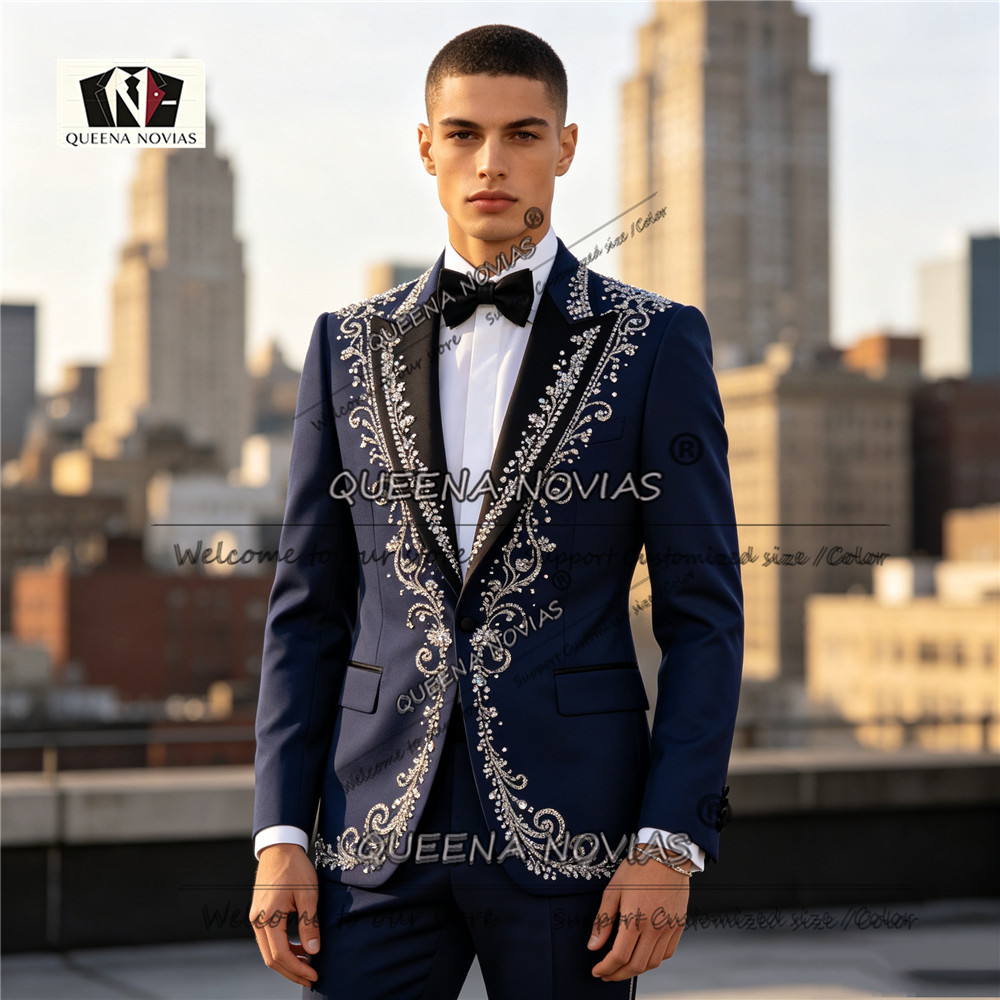 Formal Men Party Wear Jacket - ชุดทักซิโด้ผู้ชายทรงเข้ารูป ประดับคริสตัลและลูกปัด เสื้อแจ็คเก็ตและกางเกง 2 ชิ้น ชุดสำหรับเจ้าบ่าว