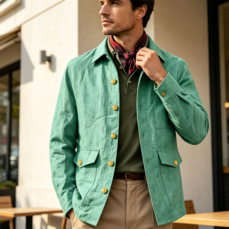 Men'S Style Formal Wear - เสื้อแจ็คเก็ตผ้าลินินผู้ชายสไตล์วินเทจ ปกเสื้อแบบปกเชิ้ต กระดุมทอง ทรงเข้ารูป สวมใส่สบาย น้ำหนักเบา