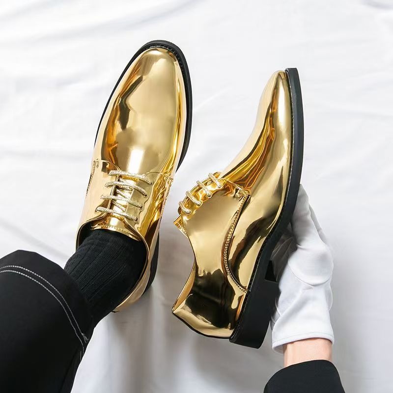 Men'S Formal Party Wear Shoes - รองเท้าหนังทรงแหลมสำหรับผู้ชาย ใส่ทำงาน งานเลี้ยง งานพิธีการ รองเท้าหนังสีทองและสีเงินเงาหรูหรา