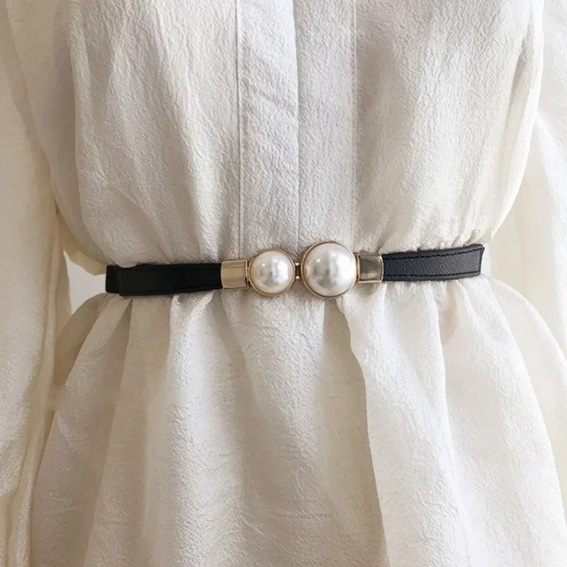 Formal Belt Leather Thin - เข็มขัดผู้หญิง Creative Double Pearl หนังเอวบาง Elegant